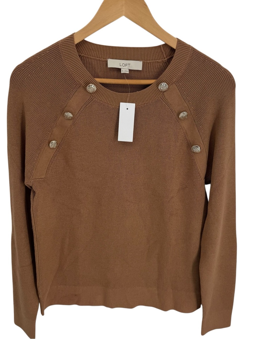 NWT LOFT Sweater Womens Size XL Brown Long Sleeve Pullover Gold Buttons career